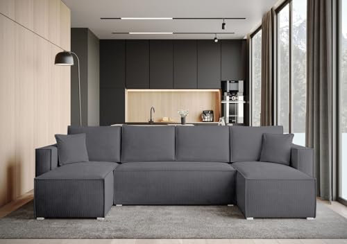 BROMARKT Ecksofa mit Schlaffunktion Sofa Cord Eckcouch mit Bettkasten Wohnzimmer Möbel U Form Couch dreisitzer Kissen groß 305x145x74 cm Schlafsofa Wohnlandschaft TOP U Dunkelgrau