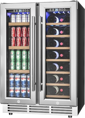 Icyglee 24 Wine and Beverage Refrigerator, Dual Zone Wine Cooler with Glass Door, Hold 88 Cans and 21 Bottles, Built in or Freestanding Under Counter Wine Fridge with Blue LED Light.