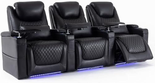 Airadlis Home Theater Seating Seats, Theater Recliner Chair Sofa Game Movie Theater Chairs with 7 Colors Ambient Lighting, Lumbar Pillow, Side Pocket, Tray Table, Power Recline, Black