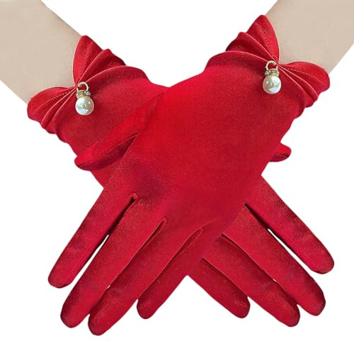 FSSTUD Red Satin Elegant Pearl Accented Short Wedding Gloves for Women