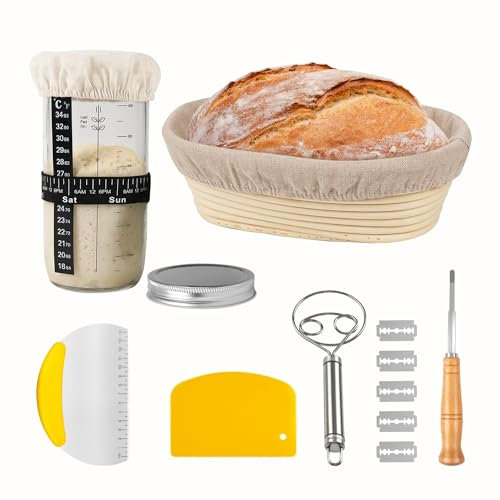 Bread Banetones Set with Sourdough Starter Jar + Metal Scraper + Plastic Scraper + Dough Whisk + Baker's Knife, Perfect for Professional and Homemade Sourdough Bakery