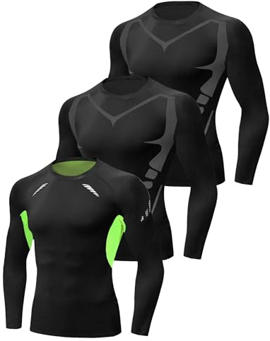 Terecey 3 Pezzi Maglia Termica Uomo Manica Lunga Maglia a Compressione Uomo Ad Asciugatura Rapida Maglie Tecnica Traspirante Maglie Sportiva Palestra T-Shirt Nero + Nero + Verde-L