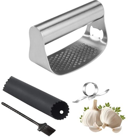 YUNKIDAGLOBAL Garlic Press Rocker Stainless Steel Garlic Rocker, Garlic Crusher with Silicone Garlic Peeler,Small Garlic Chopper Grater Press Cutter Manual with Mini Brush