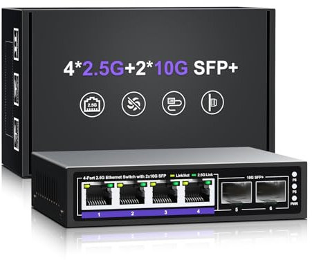 6 porte 2.5G Ethernet Switch non gestito, 4 porte Base-T 2.5Gb + 2 Port 10G SFP+, compatibile con 100/1000/2500Mbps, montaggio su tavolo/parete Switch di rete NICGIGA 2.5Gbe per AP wireless, NAS, PC