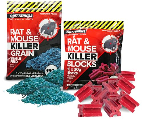 CritterKill Rat & Mouse Killer Poison Sachet Pack - 300g Rat and Mouse Poisoning Poison Block Sachet & 150g Rat and Mouse Poison Grain Killer Poison Sachet - Super Strength Rodent Poison.