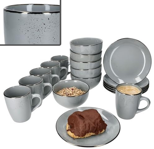 MamboCat Lucca Lot de 18 pièces pour petit-déjeuner I 6 petites assiettes à petit-déjeuner, bols à céréales et tasses à café pour 6 personnes en gris avec bord aspect métal brillant pour le