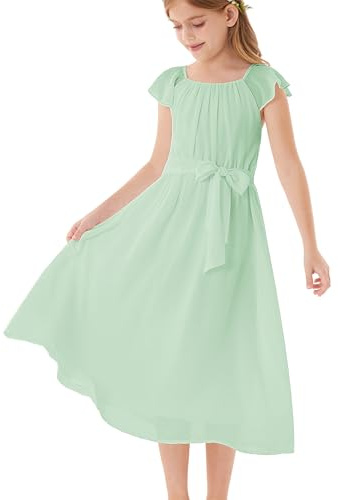 GRACE KARIN Girls Summer Light Green Maxi Dress Kids Sleeveless Flared A-Line Chiffon Dress Light Green 5-6 Years