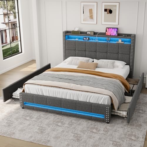 4ft6 Double Bed Frame Upholstered Platform Bed with 4 Storage Drawers & LED Storage Headboard, Linen Grey Functional Beds with LED Lighting & Charging Station, Metal-Wood Support,No Box Spring Needed