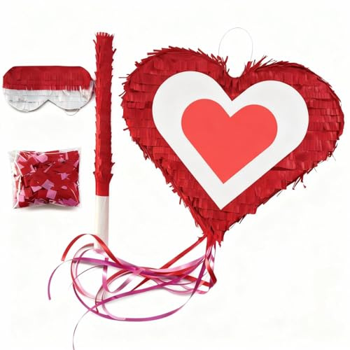Motionchic Valentine Heart Shaped Pull String piñata 15 x 12 x 3 Inch Red and White Heart piñata with Blindfold Stick Valentines Day Gift Love Theme Decor for Weddings and Anniversaries Party Favor