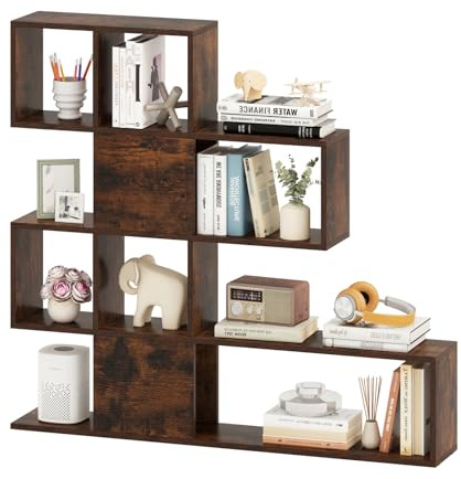 HOMASIS Libreria Scaffale a Forma di Mossa con 4 Livelli, Libreria Moderna Design in Legno, Divisorio Bifacciale Verticale per Soggiorno, Scaffale a Forma di Scala, 120x19,5x109cm (Marrone)