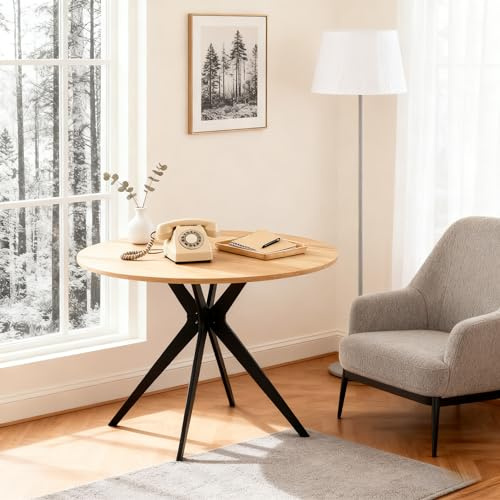 FURNISH - Mesa telefónica redonda vintage de roble y negro, fabricada en madera de ingeniería y metal, diseño compacto y práctico, ideal para salones y dormitorios