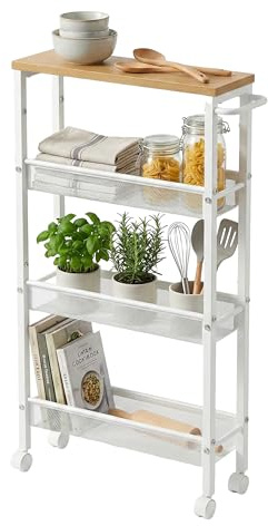 Relaxdays Carrello nicchia in Metallo Effetto Legno/Bianco, 4 Ripiani, salvaspazio Bagno/Cucina, 77x13x45 cm
