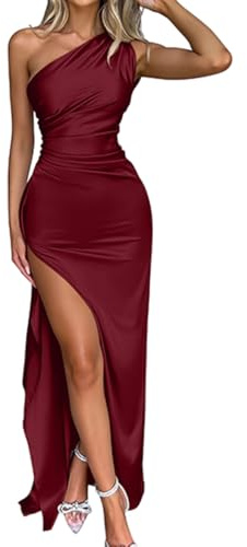 OQQ Women One Shoulder Dress with Ruching High Slit Maxi Dress for Prom & Formal Party Elegant Evening Gown