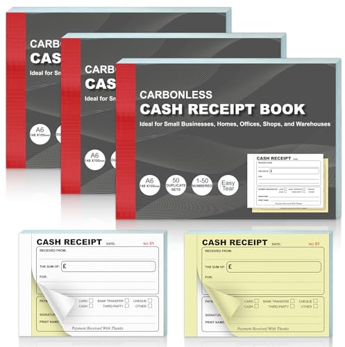 3 Pack Receipt Book A6 Cash Receipt Book Duplicate Numbered 1-50 per Book 52gsm Carbonless NCR Invoice Book Microperforated Tear Out for Self Employed Small Business Home Office Charity Shop Warehouse