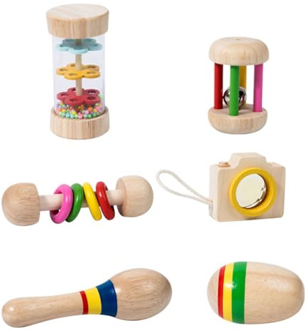 Sszxmy Set med träskallra för babyn, Montessori-sensoriska leksaker, tuggleksaker och skakleksaker av naturligt trä