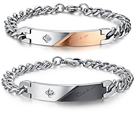 Kim Johanson Edelstahl Pärchen Armbänder Close To Me für verliebte Roségold & Schwarz mit Cubic Zirkonia Steinchen besetzt inkl. Schmuckbeutel