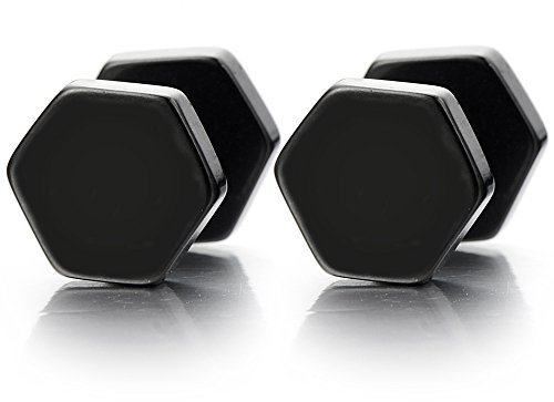 4MM Negro Hexágono, Enchufe falso Fake Plug, Pendientes de Hombre Mujer, Aretes, Acero Inoxidable, 2 Piezas