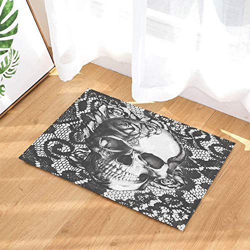 Gothic Badvorleger von Gohebe, weißes Design mit Totenkopf und Rosen, rutschfeste Fußmatte, Badvorleger, Teppich, Fußabtreter, Maße 60 cm x 40 cm, Badezimmerzubehör