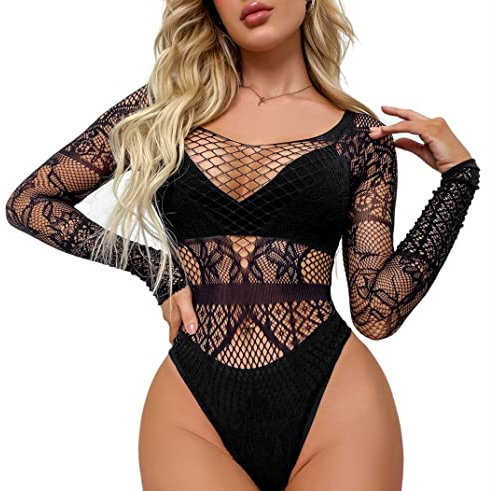 Bommi Fairy Damen Body Sexy Sheer Mesh Langarm Bodysuit Bluse Tops Overall Bodysuit mit Rundhals für Frauen Eleganter Jumpsuit (Schwarz-3)