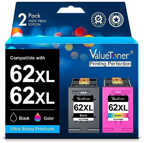 Valuetoner 62XL Druckerpatronen Kompatibel für HP 62 Druckerpatronen für OfficeJet 5740 5742 5744 200 250 für Envy 5540 5548 5640 5646 7640 5545 5544 (Schwarze Farbe, 2er-Pack)