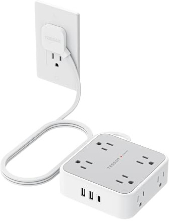 TESSAN Surge Protector Power Strip, 5 Ft Flat Plug Extension Cord with 3 USB (1 USB C) 8 Outlets, 1250W, 900J Protection, 3 Sided Outlet Extender with Power Switch for Office, Dorm Room, Grey