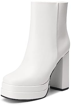 DREAM PAIRS Women's Platform Gogo Ankle Boots High Chunky Heels Square Toe Comfort Party Dress Booties Shoes for Women,Size 11,White,SDAB2305W