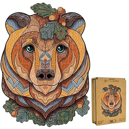 Lubiwood Forest Bear Deluxe Unique Animal Shape Wooden Puzzle (29 x 21 cm), Promotes Improved Concentration, Cognitive Skills and Mindfulness, Comes with Wooden Gift Box - Ideal for Adults