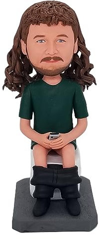 mydedor Benutzerdefinierte Bobbleheads Figur,Mann mit langen lockigen Haaren sitzt auf der Toilette Wackelköpfe lebensechte Figur,Personalisierte Figur für Auto Armaturenbrett Sammlerstück Puppe für