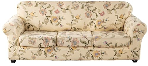 Lamberia Printed Sofa Cover for 3 Cushion Couch High Stretch Sofa Slipcovers 4 Piece Sofa Slipcover with Three Separate Cushion Covers Elastic Bottom Floral Pattern (Blooming Flower, Sofa)