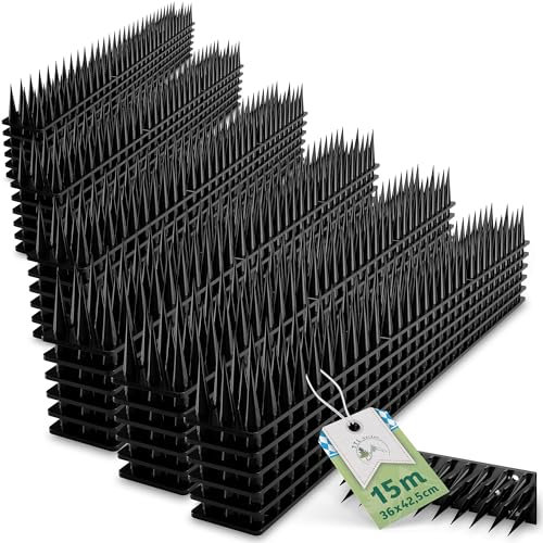 TTL Garden - 15 m de picos antipalomas para balcón y alféizar de la ventana, 15 m, 12 x 42 cm, plástico negro, 37 mm de alto, 3 filas, para barandilla, sistema solar, ventana o techo