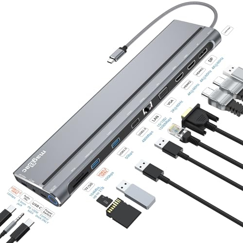 Station d'accueil USB C triple écran, station d'accueil pour ordinateur portable avec double HDMI, VGA, DP, Ethernet, port USB 3.2 Gen2 10 Gbps, PD 100 W, port SD/TF pour ordinateurs portables HP Dell