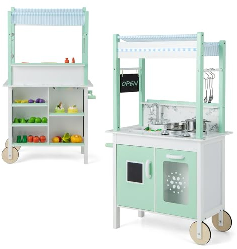 COSTWAY Cucina e Negozio 2 in 1 per Bambini, Giocattolo a Doppia Faccia in Legno, Con Telecomando, LED, Ruote, 17 Accessori, 3+ Anni, 70 x 39 x 120 cm