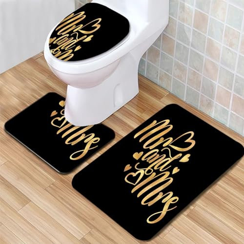 Badematte Buchstaben Gold und Schwarz Badezimmerteppich Set 3 Teilig Mikrofaser Badteppiche und WC Vorleger mit Ausschnitt Waschbar rutschfeste Badvorleger Toilette Teppich