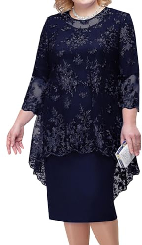 shownicer Vestito Due Pezzi Donna Elegante Ricami Pizzo Vestiti Manica 3/4 Taglie Forti Vestito da Sera Cerimonia Cocktail Abiti al Ginocchio A Marina XL