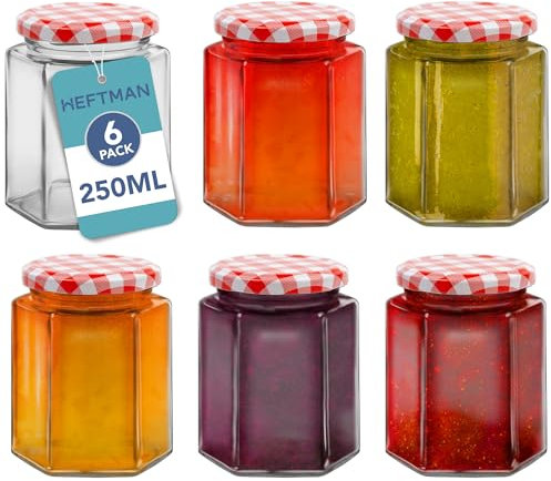 HEFTMAN Tarros pequeños de vidrio con tapas, paquete de 6 tarros herméticos de 250 ml con tapas de cuadros rojos para uso como tarro de pepinillos, mermeladas, miel, fabricación de velas, conserva