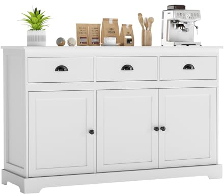 COSTWAY Sideboard Storage Cabinet, Large Kitchen Cupboard with Adjustable Shelf, Drawers and Doors, Wooden Buffet Cabinet Unit for Dining Living Room (136 x 42 x 86cm, White)