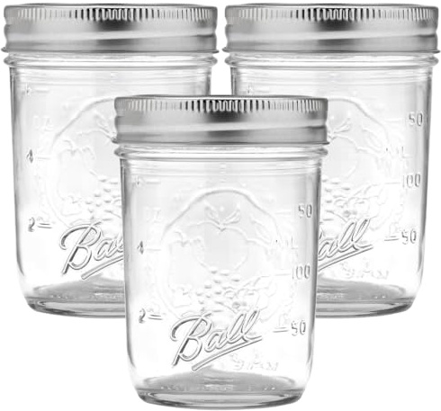 Ball Regular Mouth Glass Mason Jars with Lids and Bands, Used for Canning (Half Pint, 8 Ounce (Pack of 3))