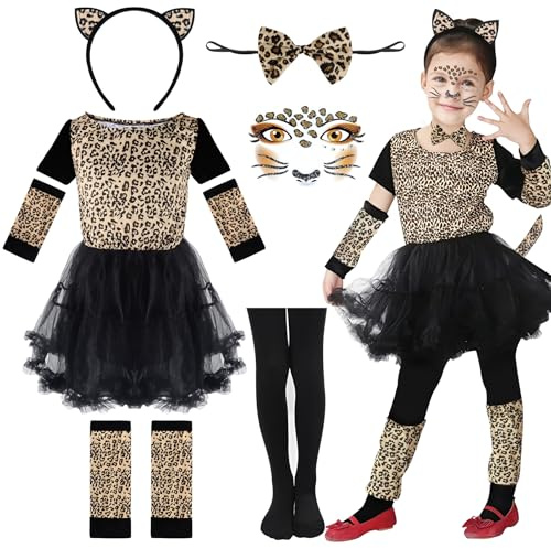 Costume Leopardato Bambina Travestimenti Leopardo Costume Bambina, Vestito Leopardo con Coda,Cerchietto per Capelli,Cravatta a Farfalla,Leopardo Sticker,Halloween Carnevale Cosplay Festa (7-9 anni)