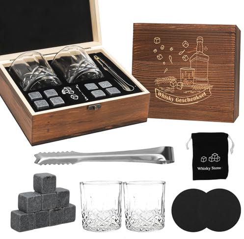 RANJIMA Whisky Gläser Set, Whisky Steine Geschenkset, Vatertagsgeschenk für Papa, Whisky Geschenkset mit Holzbox und Gravur,8 Whiskey Steine&2 Whiskey Gläser, Geburtstagsgeschenk für Männer Partner