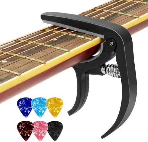 Aomig Kapodaster für Gitarren Guitar Capo mit 6 Plektren Stimmgerät Gitarre Gitarrenzubehör Capotastos Capodaster Gitarrenkapodaster für alle Instrumente, E-Gitarre, Bass, Violine, Ukulele (Schwarz)