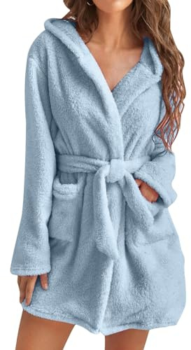 Peignoir De Bain Femme Polaire Unie, Chemise De Nuit à Manches Longues, Robe De Chambre Capuche Court avec Poches, Chaud Et Confortable VêTements De Nuit Automne Et Hiver