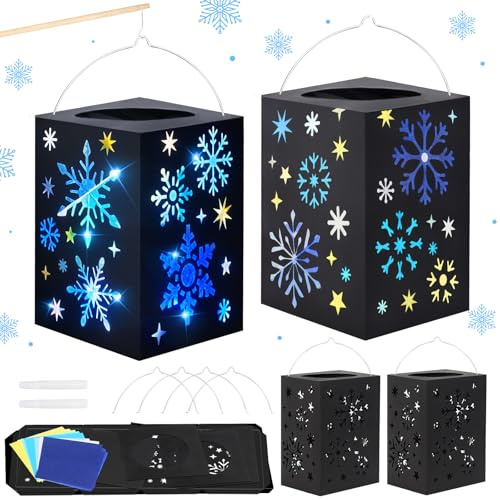 MONCAP Kit de Bricolage Lanterne pour Enfant - 4 Pièces Décoration de Noël - Matrice de Découpe en Flocon de Neige - Lanterne en Papier Dure à Suspendre - Cadeau de Noël