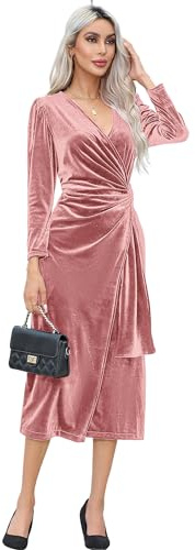 R.Vivimos Autumn Winter Sexy V Neck Wrap Dress for Women Long Sleeve Velvet Ruched Midi Dress Elegant Cocktail Dress(Medium,Pink)