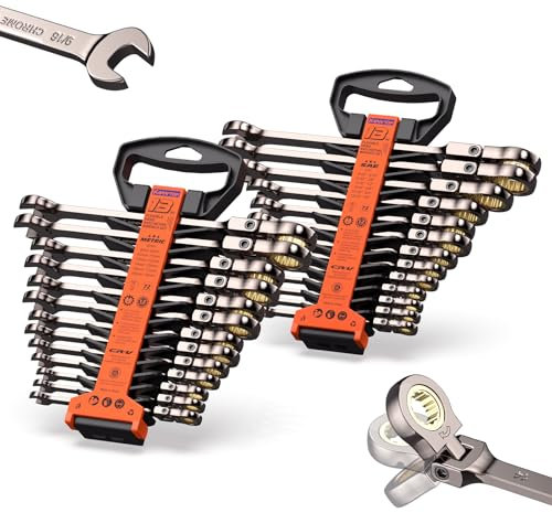 KARRYTON 26-Piece Flex head Ratcheting Wrench Set (Metric & SAE), 72 Teeth Combination Wrench Set w/Organizer Rack,Cr-V Steel,6-19mm(13PCS)&1/4-7/8(13PCS),Black Nickel Handle with Golden Ratchet