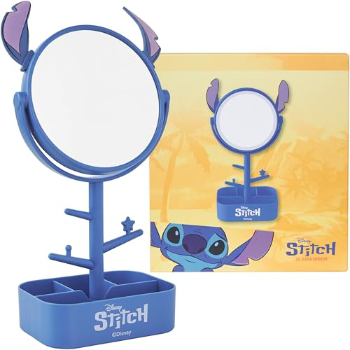 Get Trend Disney Stitch Bordsspegel med Smyckesfack för Flickor och Tonåringar, Dekorativa Speglar med Förvaring för Halsband Smycken (Blå Stitch)