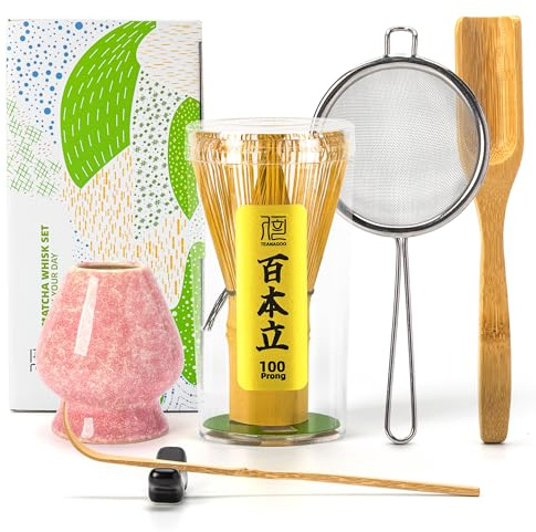 TEANAGOO Juego de batidores de matcha, batidor de matcha (100 puntas) con soporte rosa, juego de iniciación tradicional de 6 piezas, cuchara (chashaku), cuchara de té, casen de bambú para hacer café