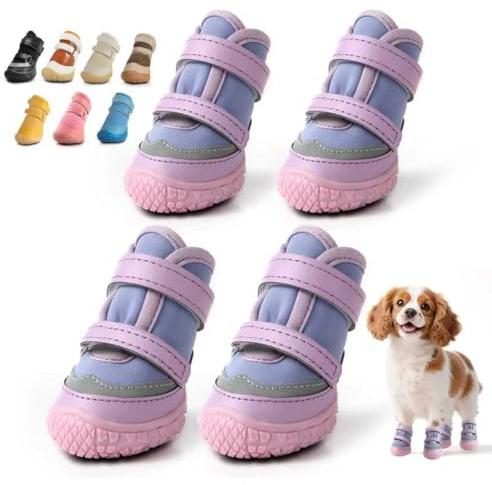 Dog Shoes for Small Dogs, Breathable Dog Boots Paw Protector for Hot Pavement Winter Snow, Dog Booties with Reflective Strips Rugged Anti-Slip Sole for Hardwood Floors Outdoor Walking Purple Size 1