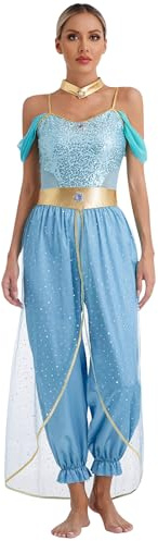 Yiesvsov Costume Da Danza Del Ventre Con Paillettes Tuta Intera Pantaloni Harem Abiti Da Danza Orientale Abbigliamento Indiana Costume Per Halloween Carnevale Blu S