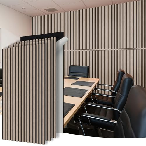 WoveN SounD Slat Acousitc Wall Panels 48x24 Inch, Sound Proof Wall Decor, Self-Adhesive Sound Dampening Fluted Design for Home, Studio, Office & Focus Zone, 4 Pack, Dark Camel and Black
