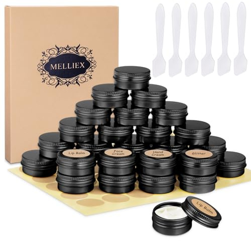 30 Barattoli In Alluminio da 15 Ml, Scatola Alluminio con Spatola ed Etichette Adesive per Campione, Balsamo per Le Labbra - Nero